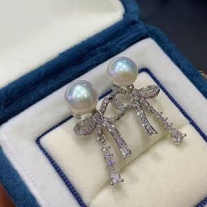 New Pearl & Cubic Zirconia Bow Drop Earrings - White Pearl